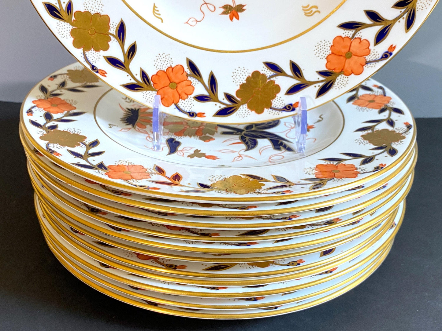 Set 12 Royal Crown Derby ASIAN ROSE" Imari style dinner plates, 10.5'', great condition, bone china, England