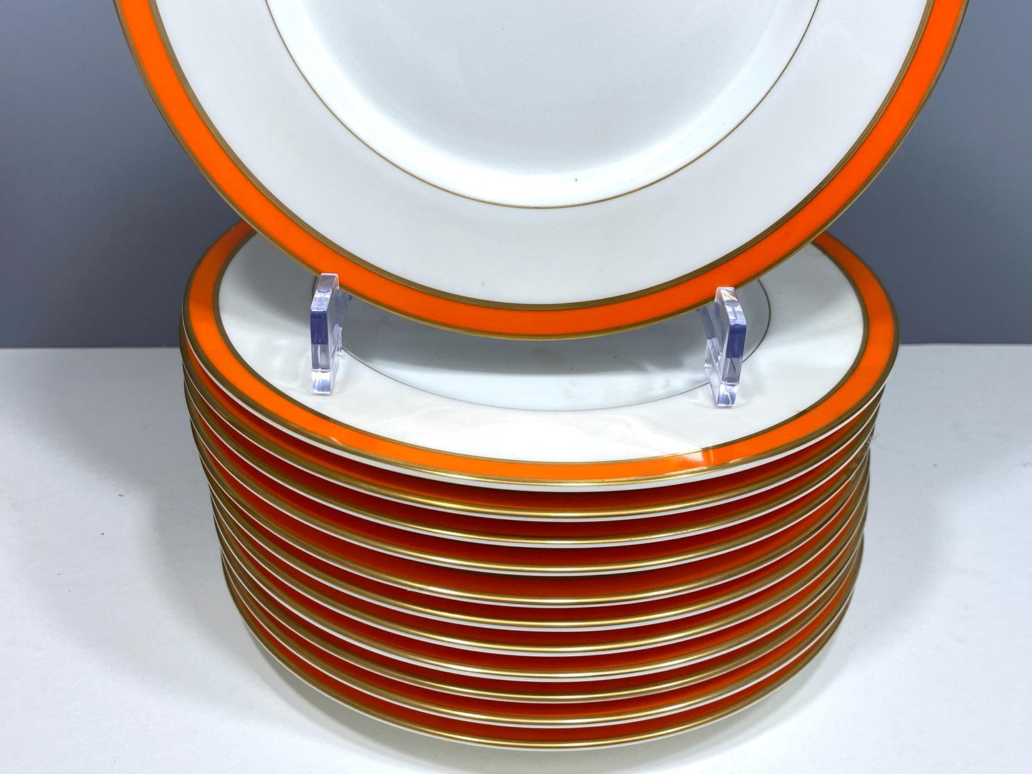 Stunning TIFFANY & CO. "Newport Orange" dinnerware for 12, gold rim, 51 pieces, Mint condition!