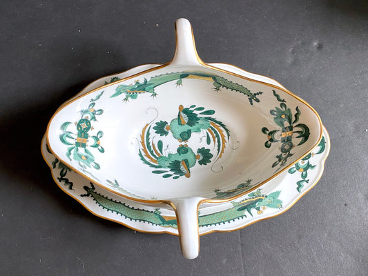 Gorgeous Meissen Rich Court dragon (Green) & Phoenix birds motif gravy boat, gold accents, 1st quality, excellent!