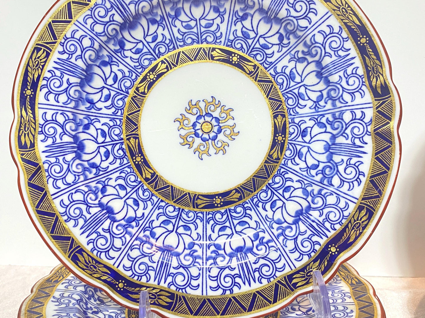 Antique Royal Worcester English Porcelain Blue and White "Royal Lily " Salad plates, set of 12, rare scalloped edges,Circa 1906,