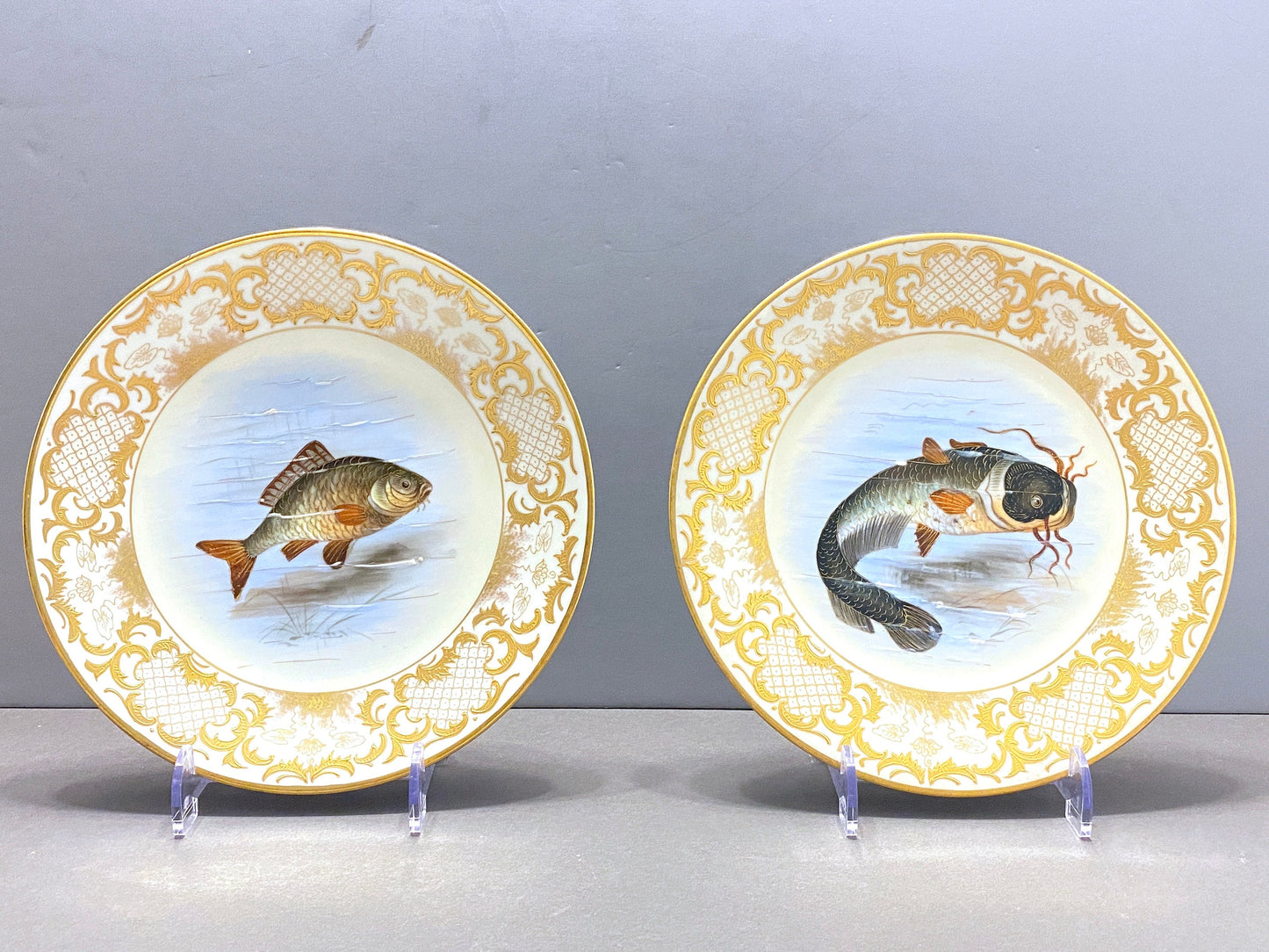 Rare!Antique Limoges Imperial Vienna for Ovington Brothers New York gold encrusted hand-painted fish Plates, set of 6, ca. 1900s, Gorgeous!