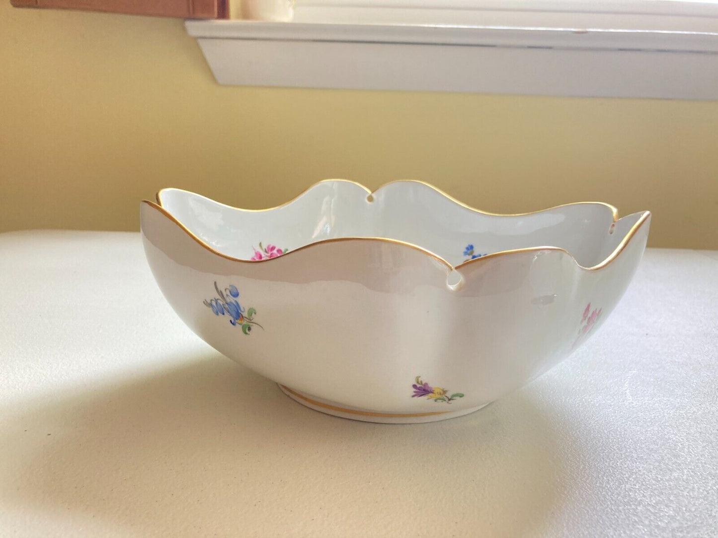 Meissen (1924-1934) large scalloped square serving bowl, gold rim, flora motif