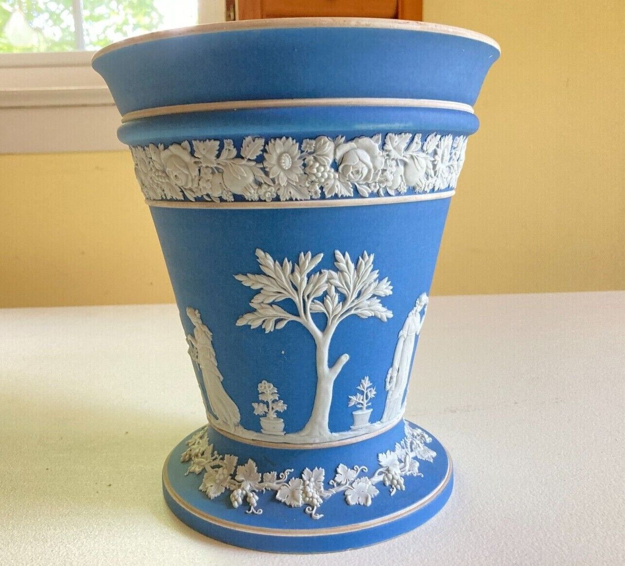 extra large Wedgwood blue Jasperware neoclassical figures vase,8 1/4'' x 7 1/4''