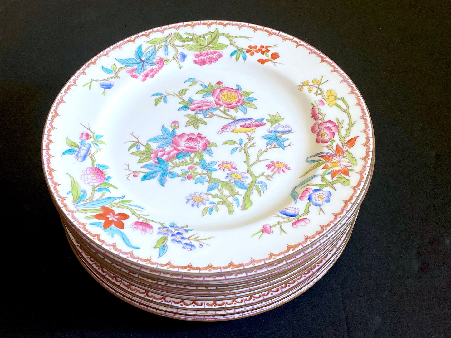 Set of 9 England Minton Pink Peony and Cuckoo Luncheon Plate 9” D , ca. 1920s.pattern number 3934, ca. 1920s