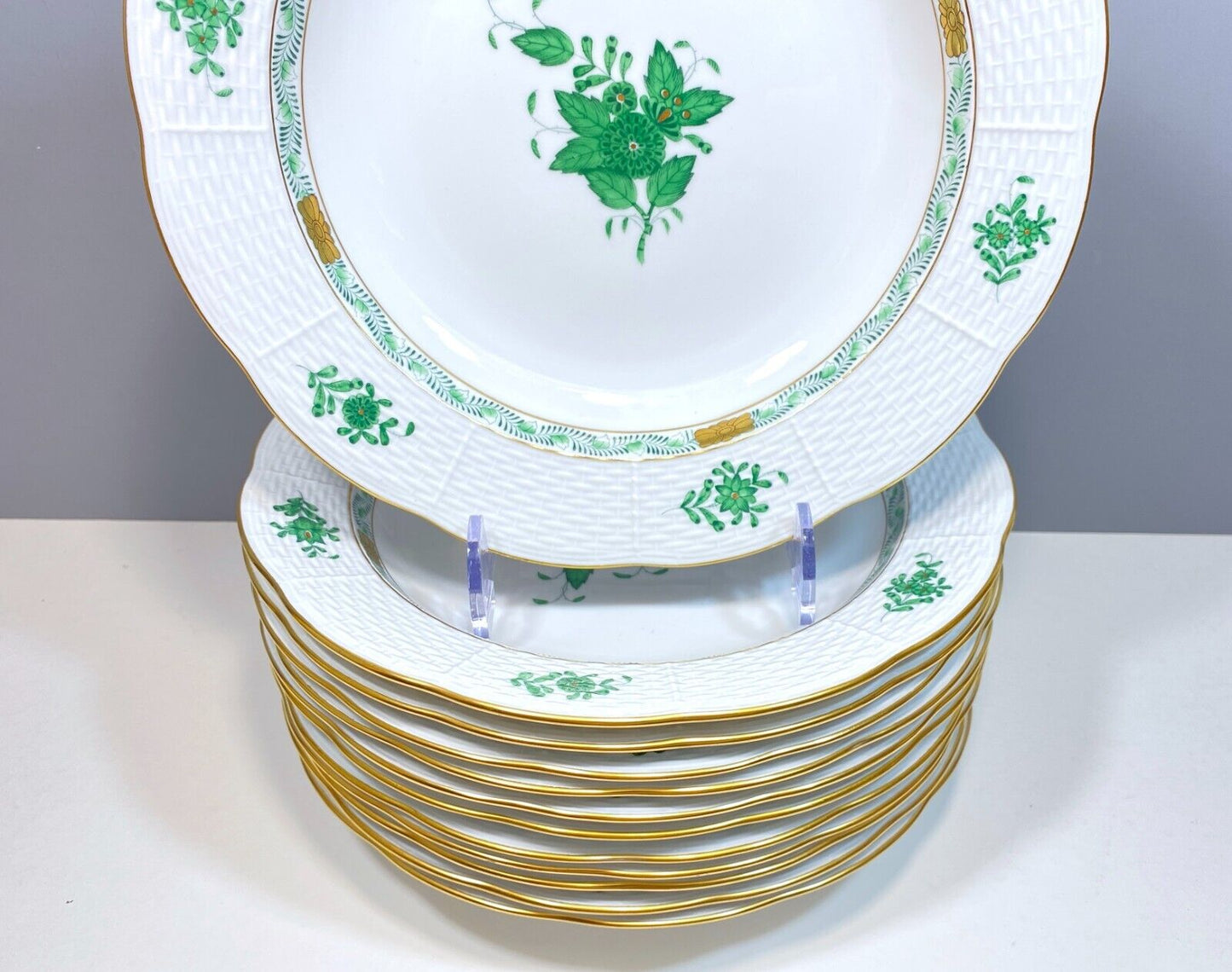 Set 12 Herend Chinese Bouquet Apponyi Green soup bowl/pasta plate, 503/AV, mint