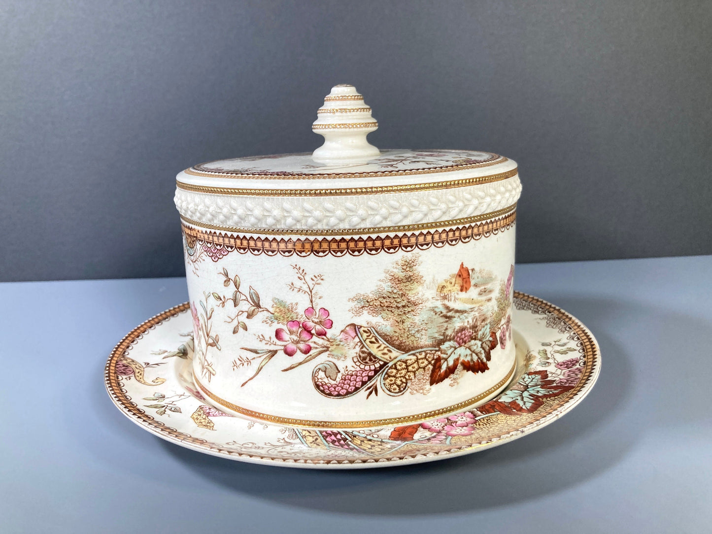 Edge Malkin & Co. Aesthetic Movement "Lisbon" transferware Cheese Bell/dish, made in England, ca. 1888s, very RARE!