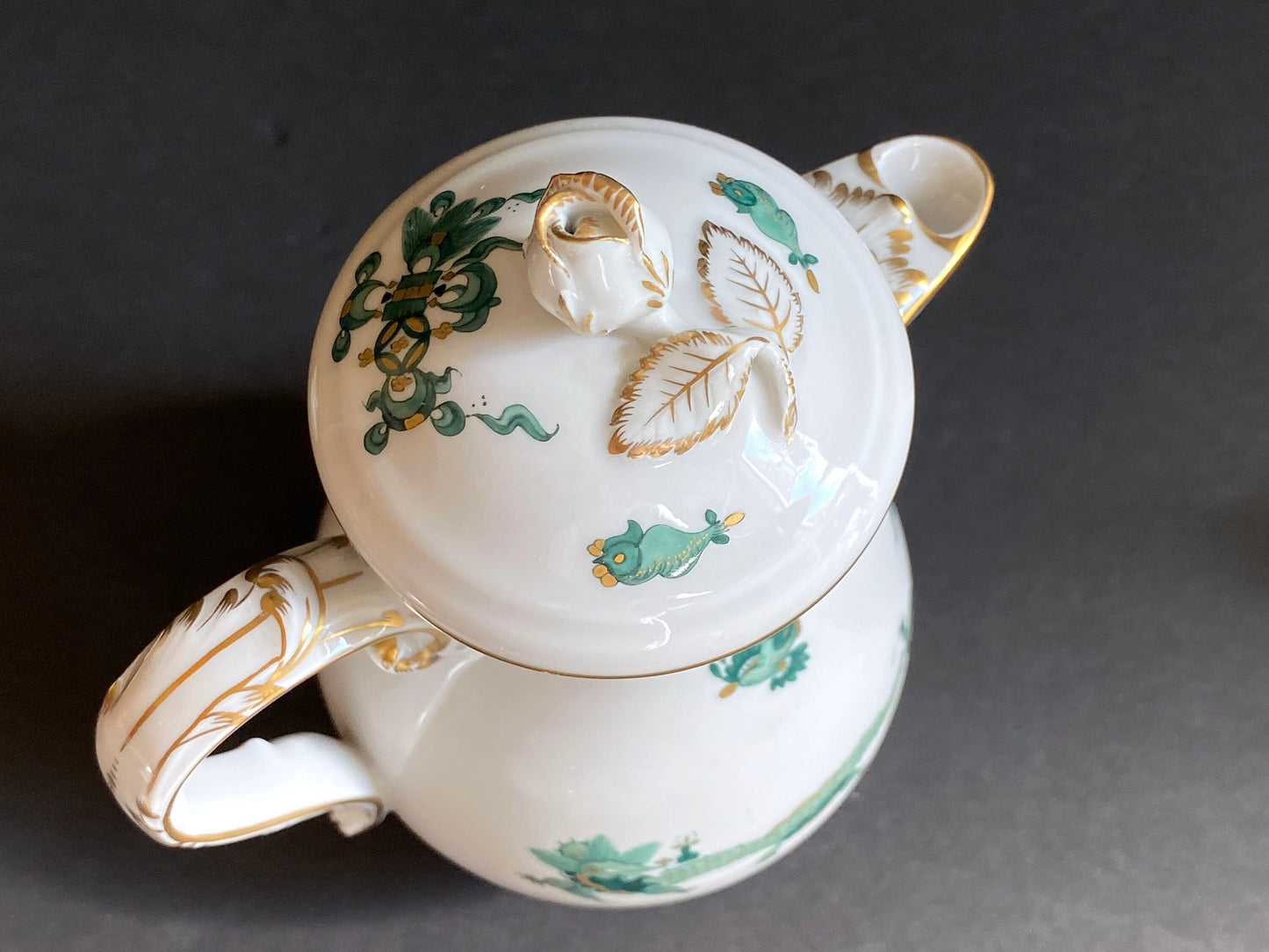 Meissen Reicher Court dragon (Green) & Phoenix birds small /demitasse coffee pot, creamer, lidded sugar bowl, gold, 1st quality, exquisite