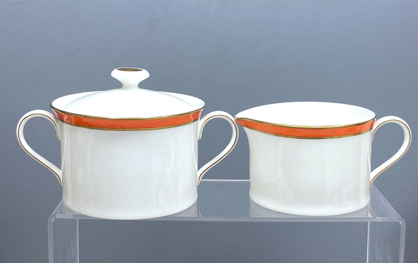 Stunning TIFFANY & CO. "Newport Orange" dinnerware for 12, gold rim, 51 pieces, Mint condition!