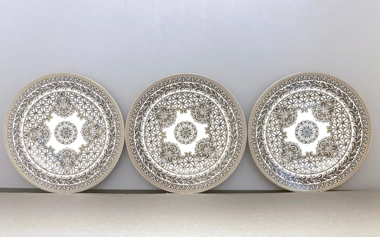 3x Versace "Marqueterie" dinner plates, 8 3/4'' D, by Rosenthal in Germany , black and white pattern with gold accents ,superb!