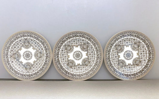 3x Versace "Marqueterie" dinner plates, 8 3/4'' D, by Rosenthal in Germany , black and white pattern with gold accents ,superb!