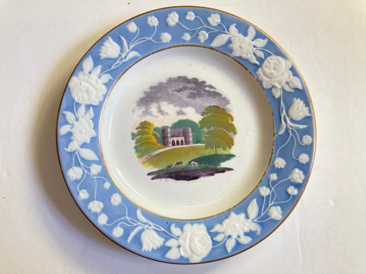 Set of 8x New Hall porcelain English village scene 8'' cabinet plates, collectible, c.1812-1825