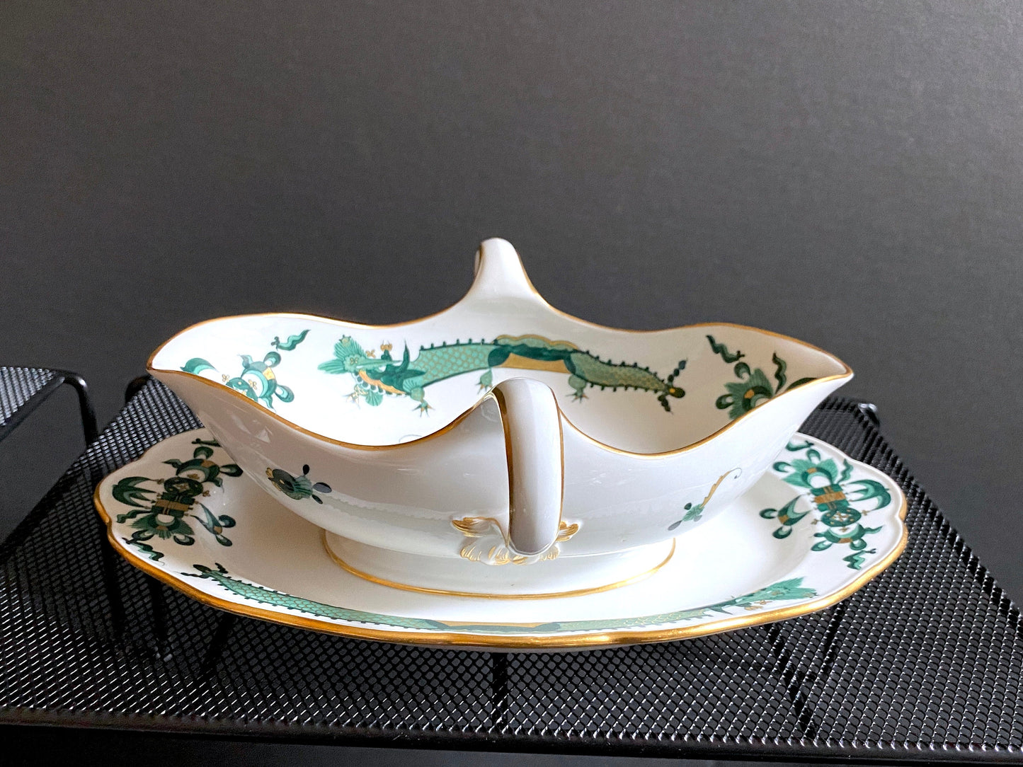 Gorgeous Meissen Rich Court dragon (Green) & Phoenix birds motif gravy boat, gold accents, 1st quality, excellent!