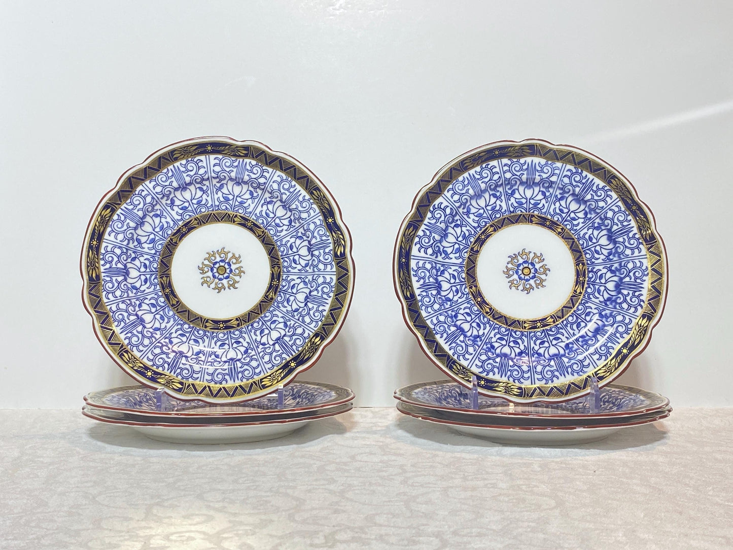 Antique Royal Worcester English Porcelain Blue and White "Royal Lily " salad plates, set of 6, rare scalloped edges,Circa 1906,