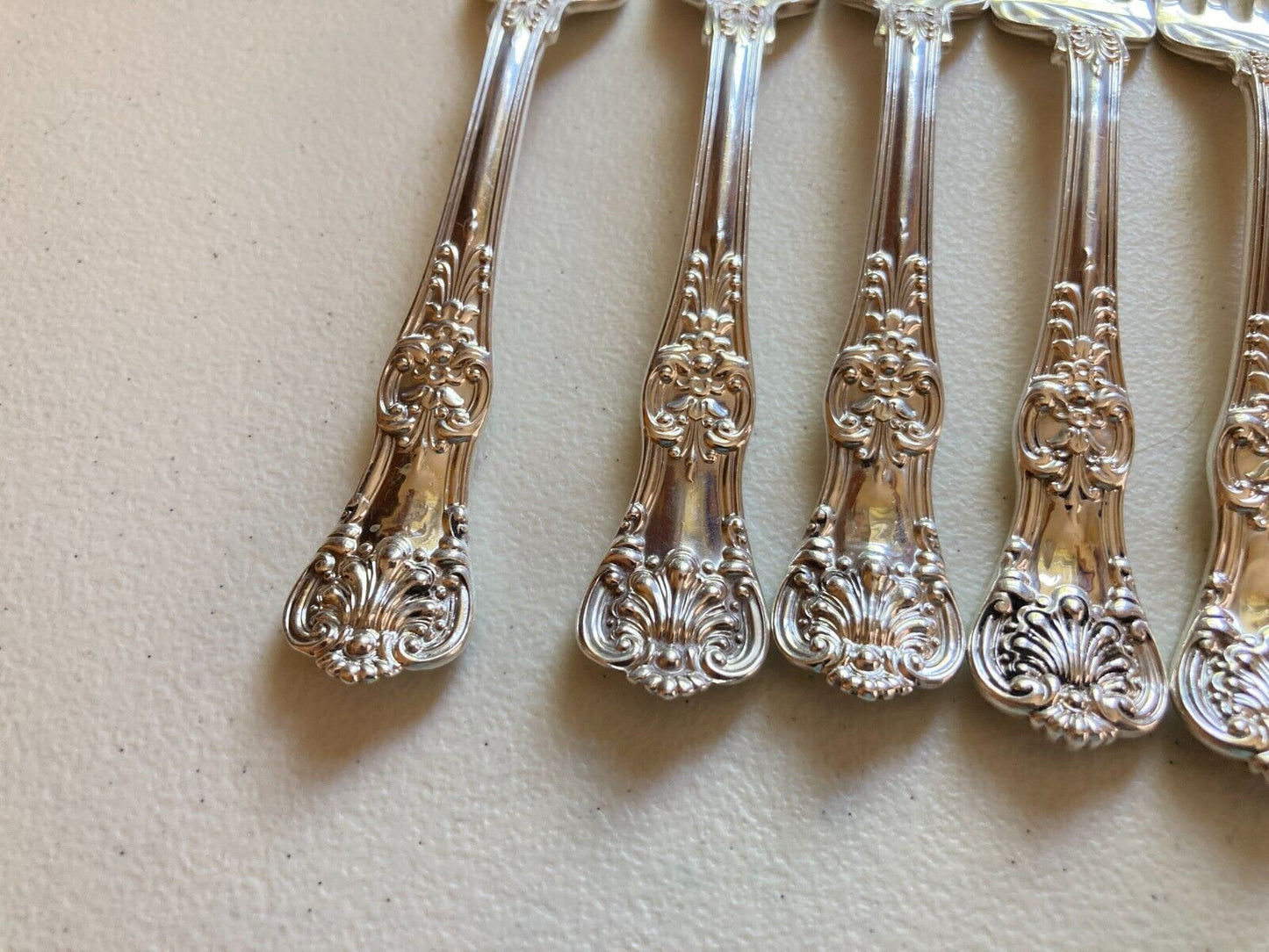 Set 7 Tiffany English King Sterling Silver luncheon Forks 6 7/8 Inches, no mono