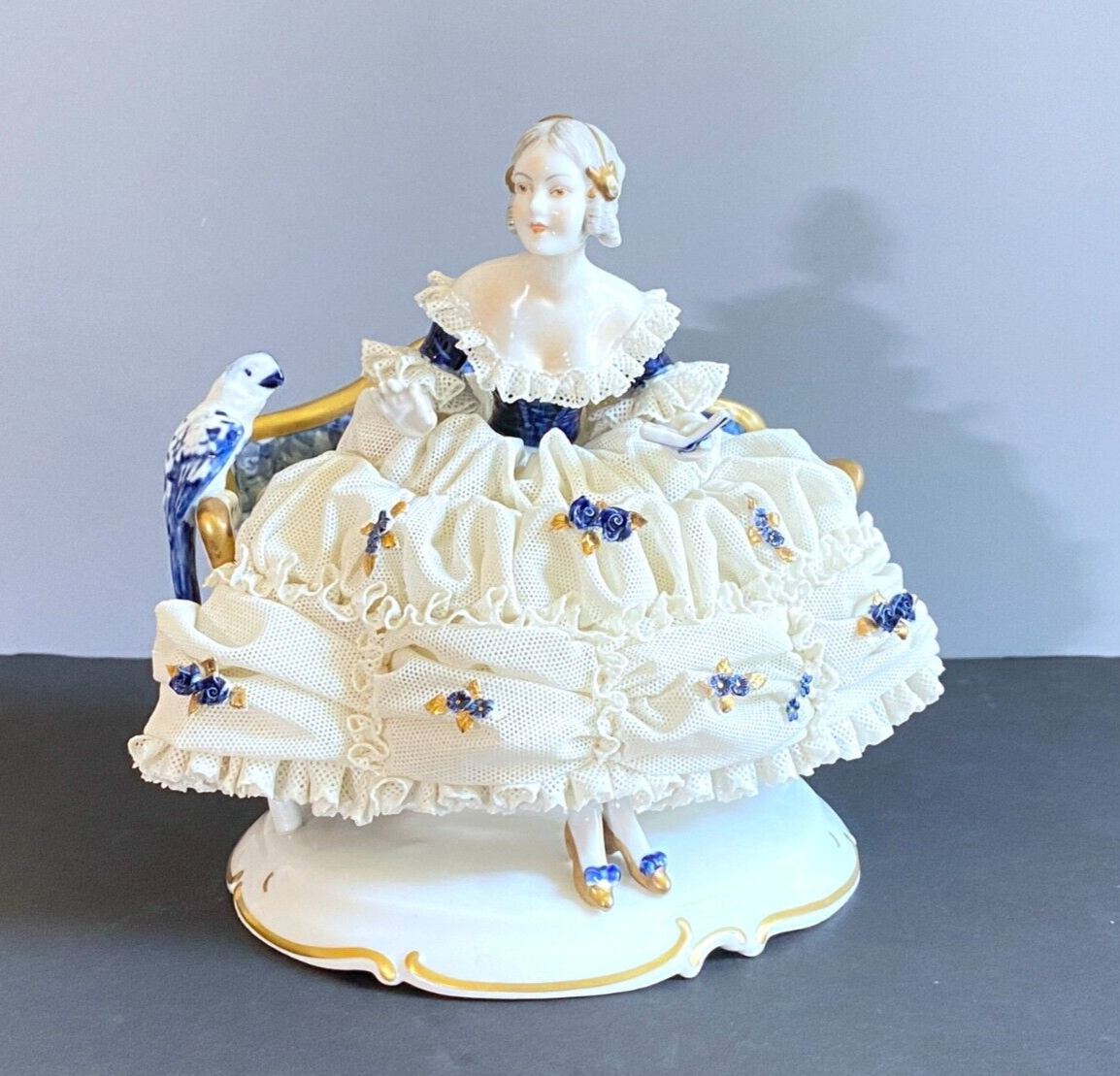 Germany Unterweissbach Porcelain Figural lady in ball gown with lace skirt, FAB