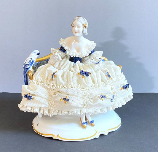 Germany Unterweissbach Porcelain Figural lady in ball gown with lace skirt, FAB