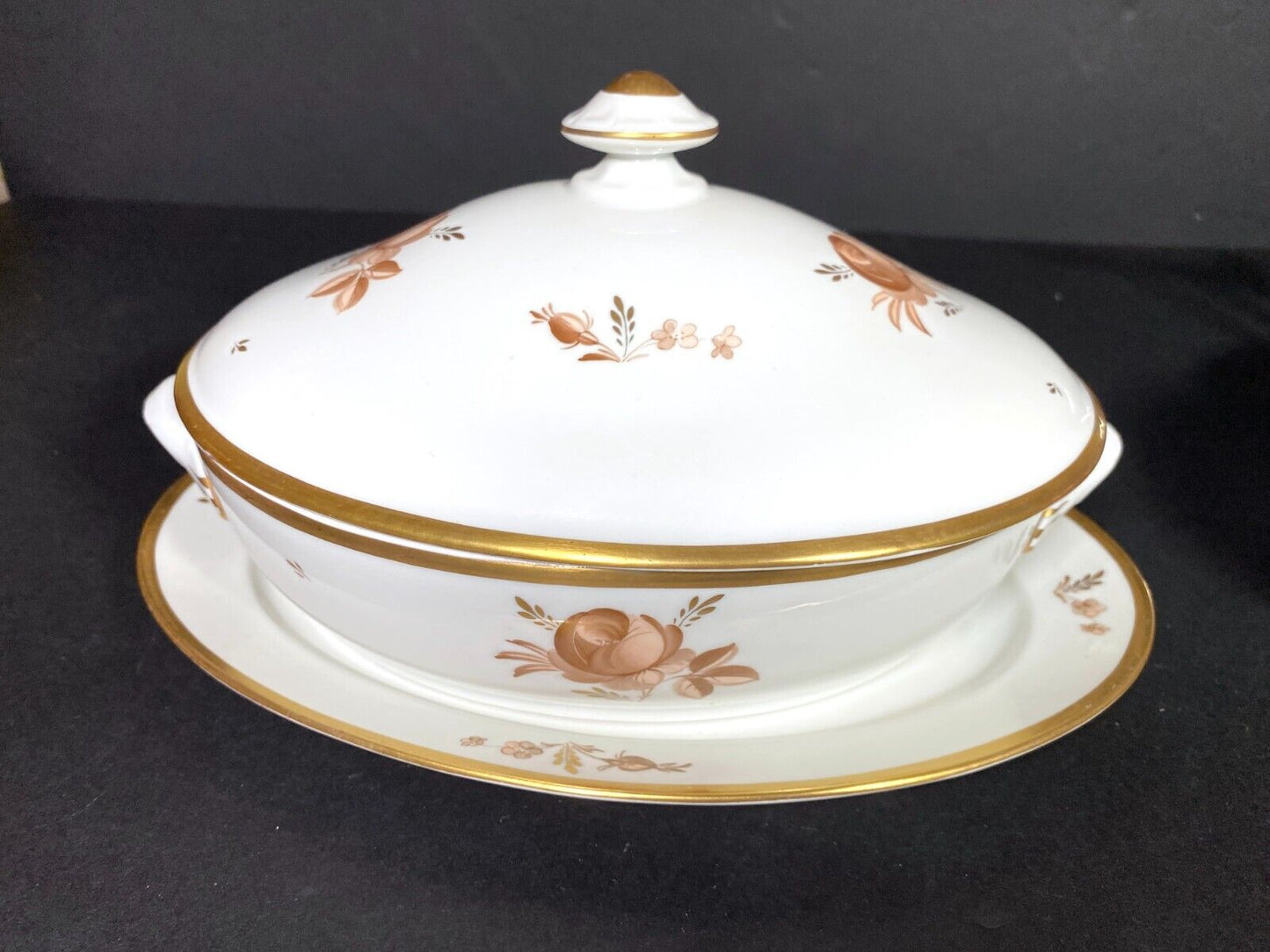 Royal Copenhagen Brown Rose lidded vegetable bowl with under tray, gold trim