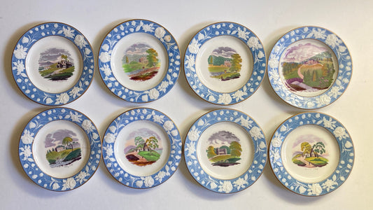 Set of 8x New Hall porcelain English village scene 8'' cabinet plates, collectible, c.1812-1825