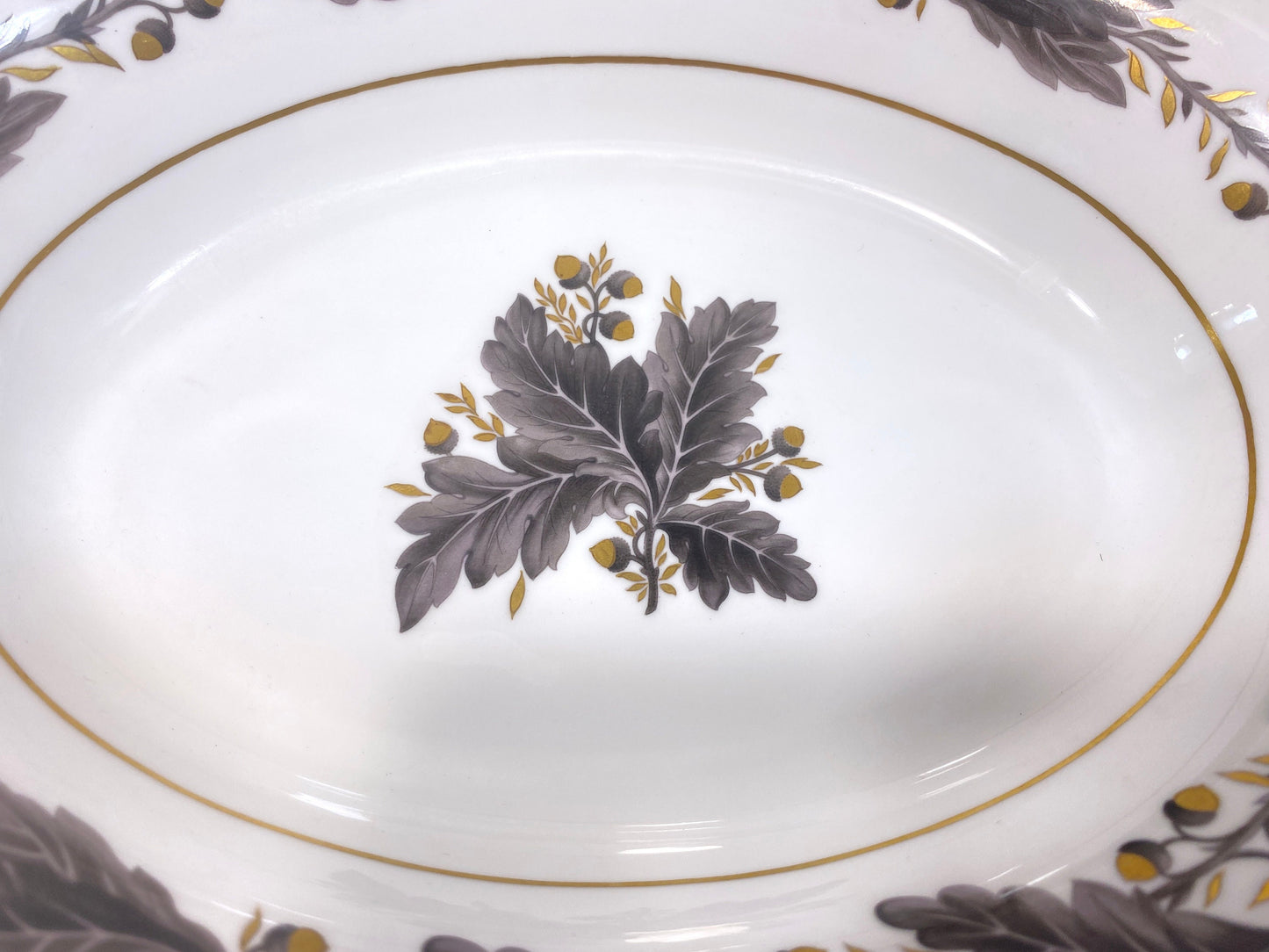 Royal Crown Derby "Portman Oak" pattern oval bowl, bone china, gold accent, made in England, ca.1940