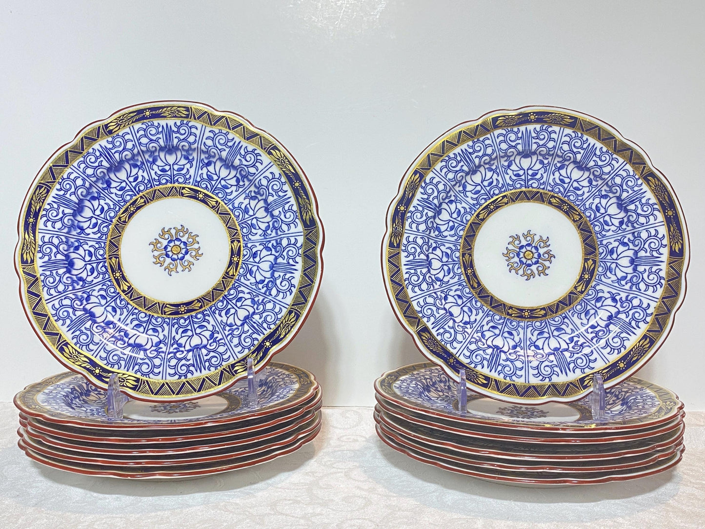 Antique Royal Worcester English Porcelain Blue and White "Royal Lily " Salad plates, set of 12, rare scalloped edges,Circa 1906,