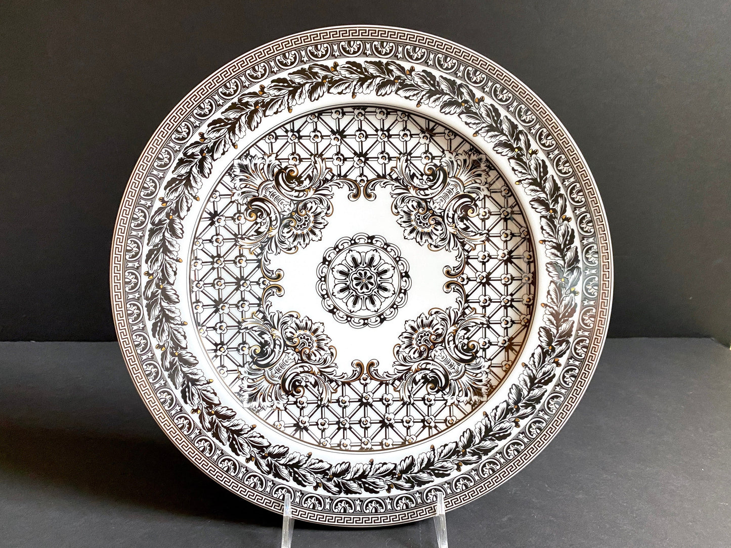 3x Versace "Marqueterie" dinner plates, 8 3/4'' D, by Rosenthal in Germany , black and white pattern with gold accents ,superb!