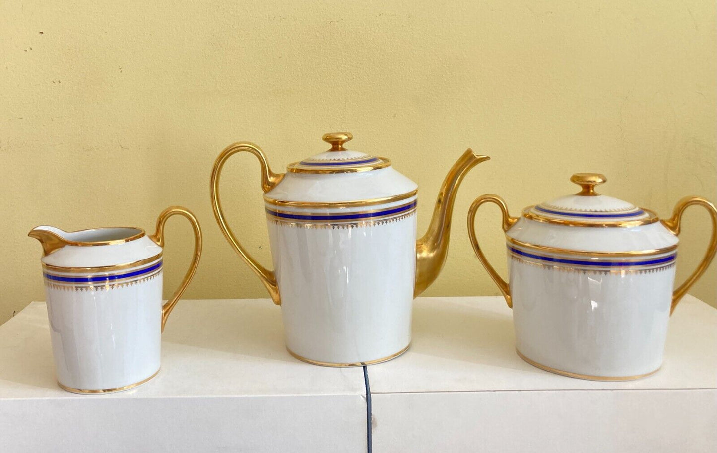 Limoges Paul Pastaud Studios tea/coffee service, cobalt blue, gold accent,3 pcs