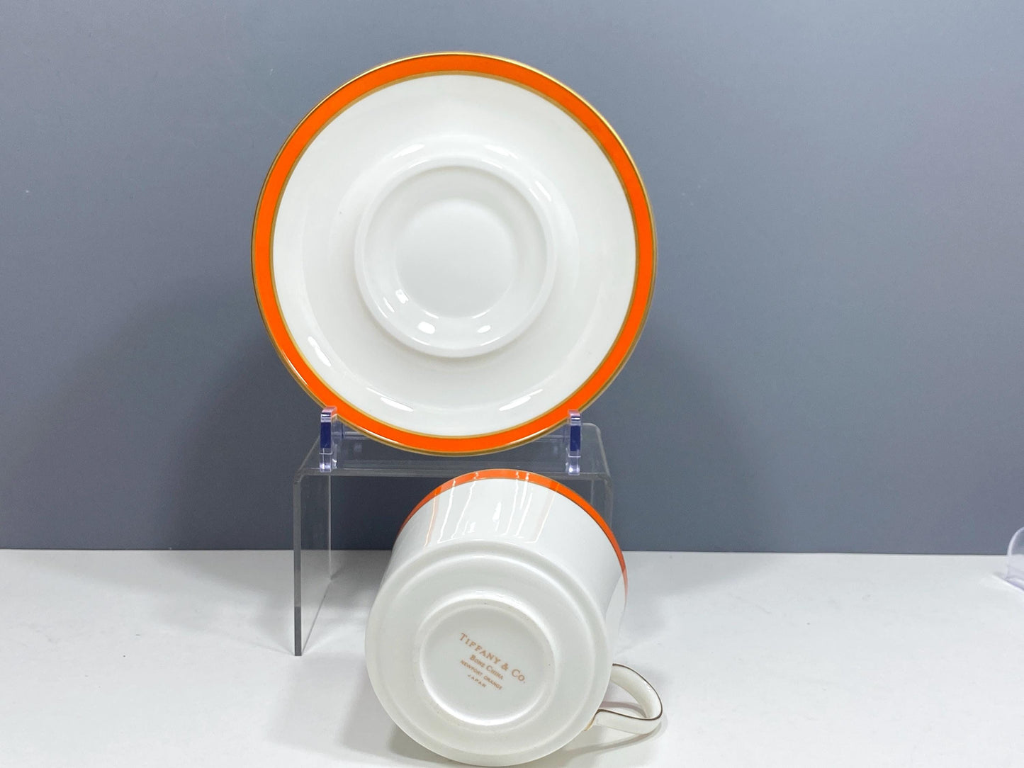 Stunning TIFFANY & CO. "Newport Orange" dinnerware for 12, gold rim, 51 pieces, Mint condition!