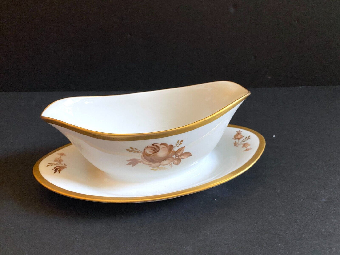 Royal Copenhagen handpainted gilt Brown Rose gravy boat w/ attached underplate