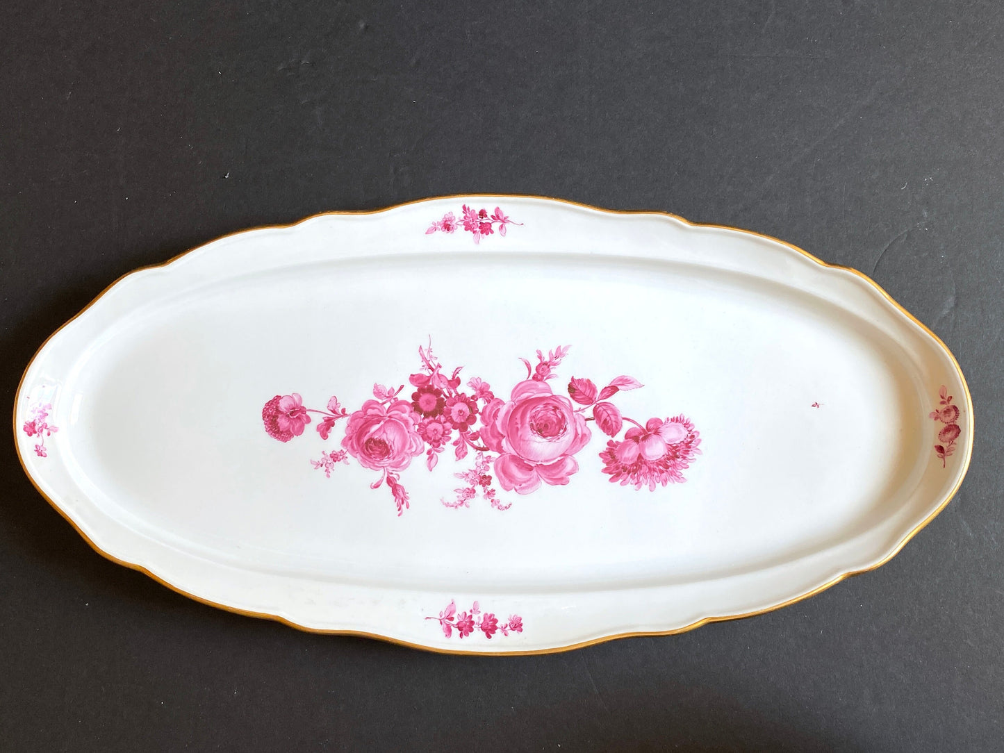 Gorgeous MEISSEN "flower boutique " Purple fish plate, gold rim, 21 inches, 1st choice, excellent