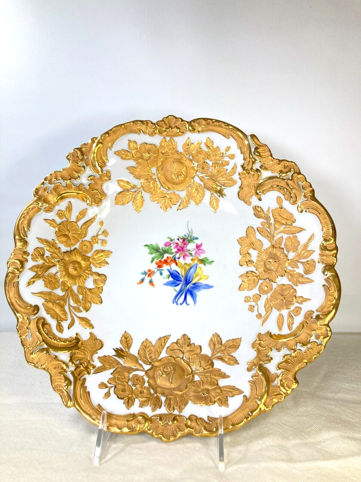 Meissen 24k gold floral relief moulded splendor bowl, 12'' D, ca.1867