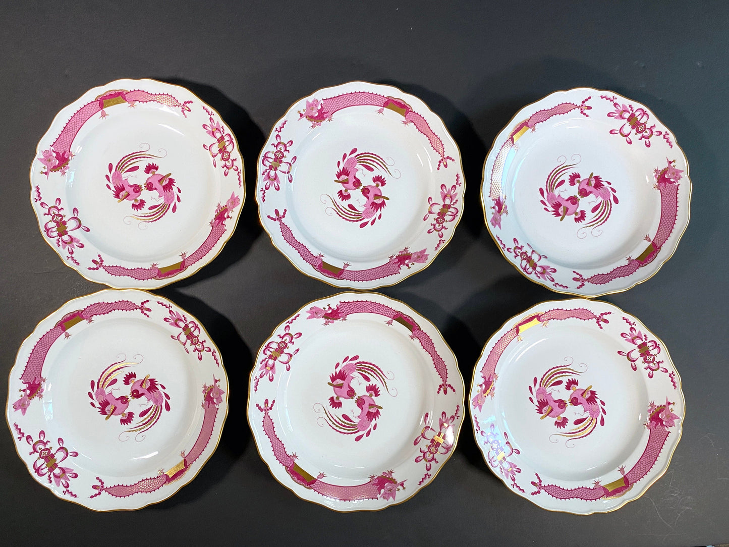 set of 6 Meissen Rich Court dragon (purple) & Phoenix birds dinner plates , gold, 1st quality, excellent!