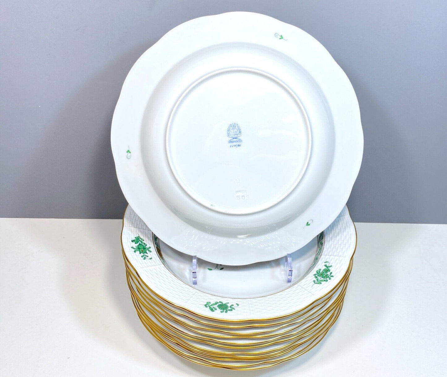 Set 12 Herend Chinese Bouquet Apponyi Green soup bowl/pasta plate, 503/AV, mint