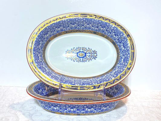 Pair Royal Worcester English Porcelain Blue and White "Royal Lily " oval serving vegetable bowls, 10'' W, double walls,Circa 1906