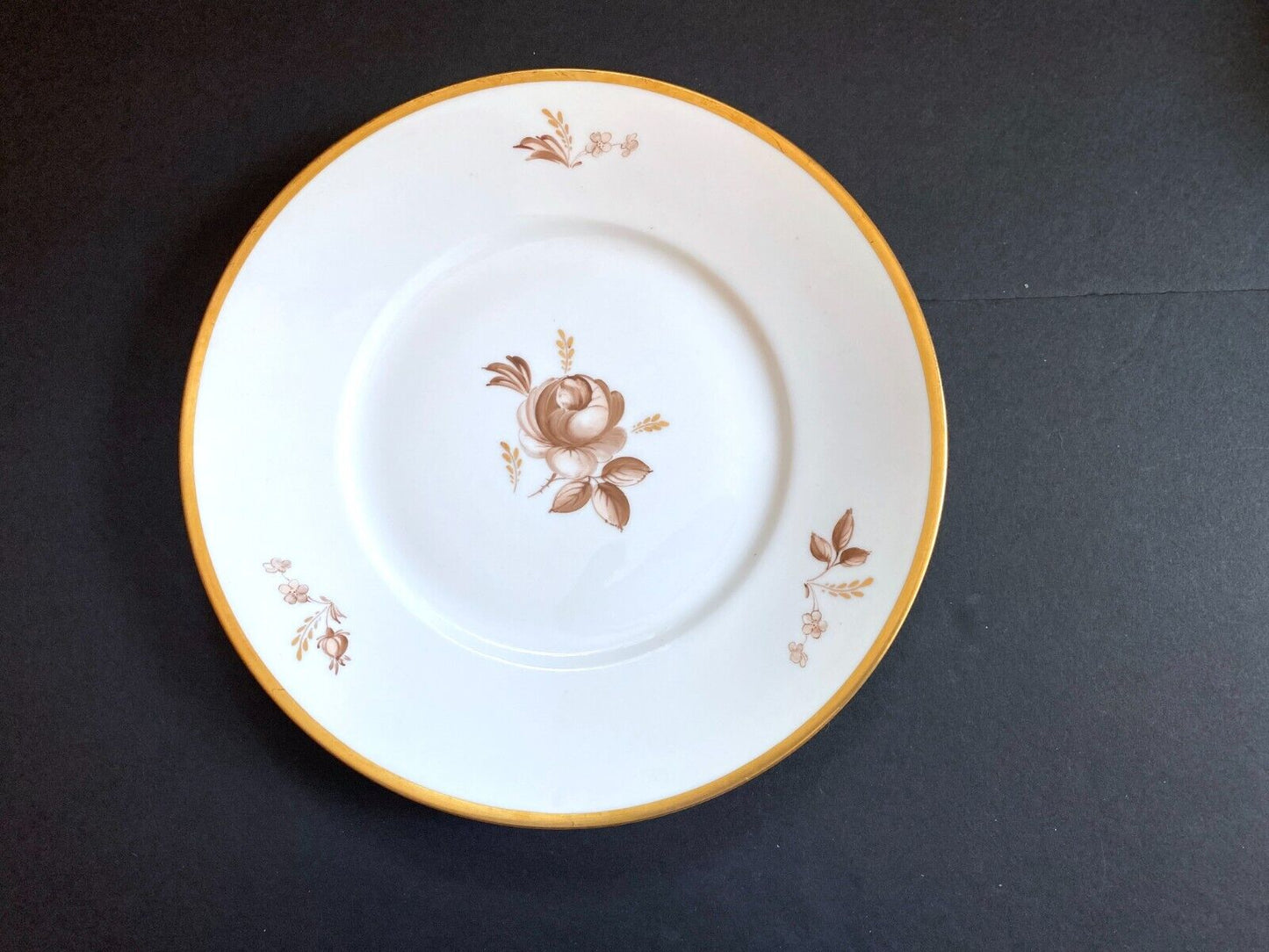 Set 12 Royal Copenhagen Brown Rose bread plates, gold trim, 6 1/4 '', c. 1945