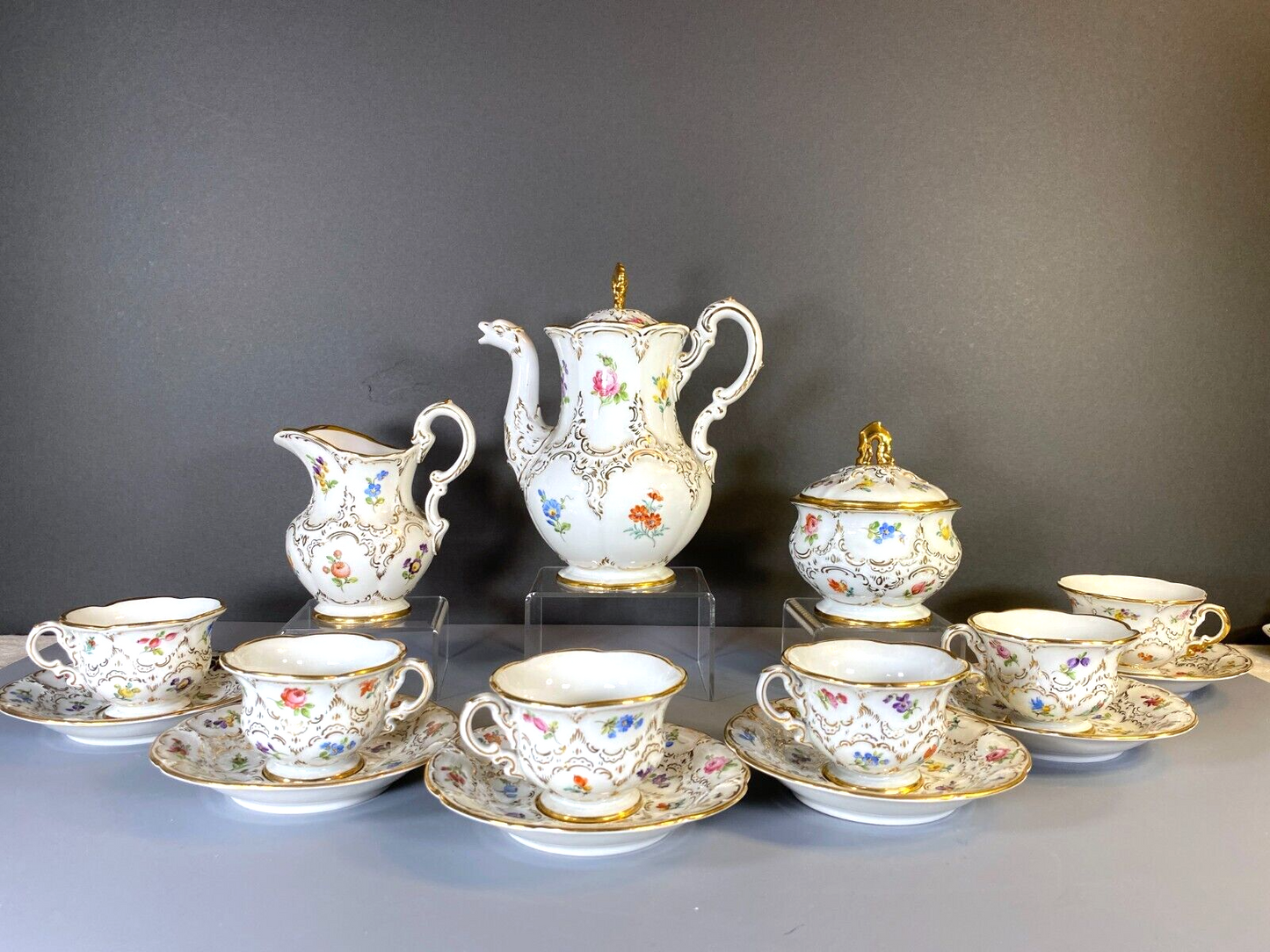 Meissen B shape coffee set for 6, scattered and 24k gold encrusted,1st quality