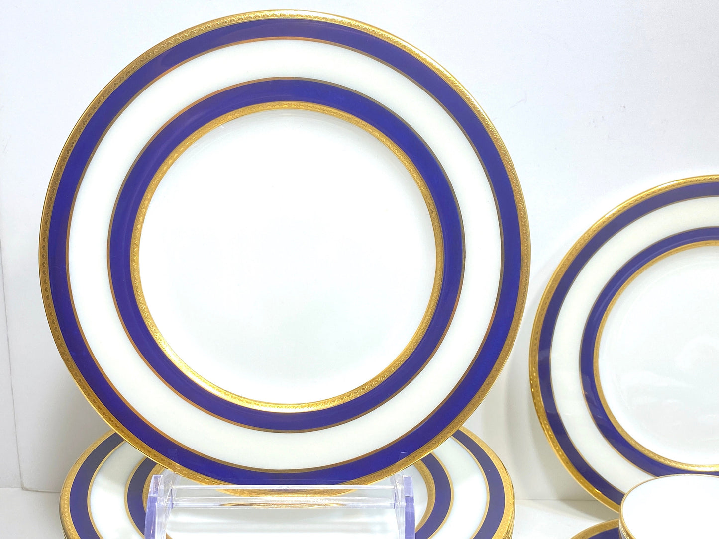 Set of 12 (35pcs) Tiffany & Co Mintons bone china teacups and plats, blue band and gold decoration, ca. 1900, stunning