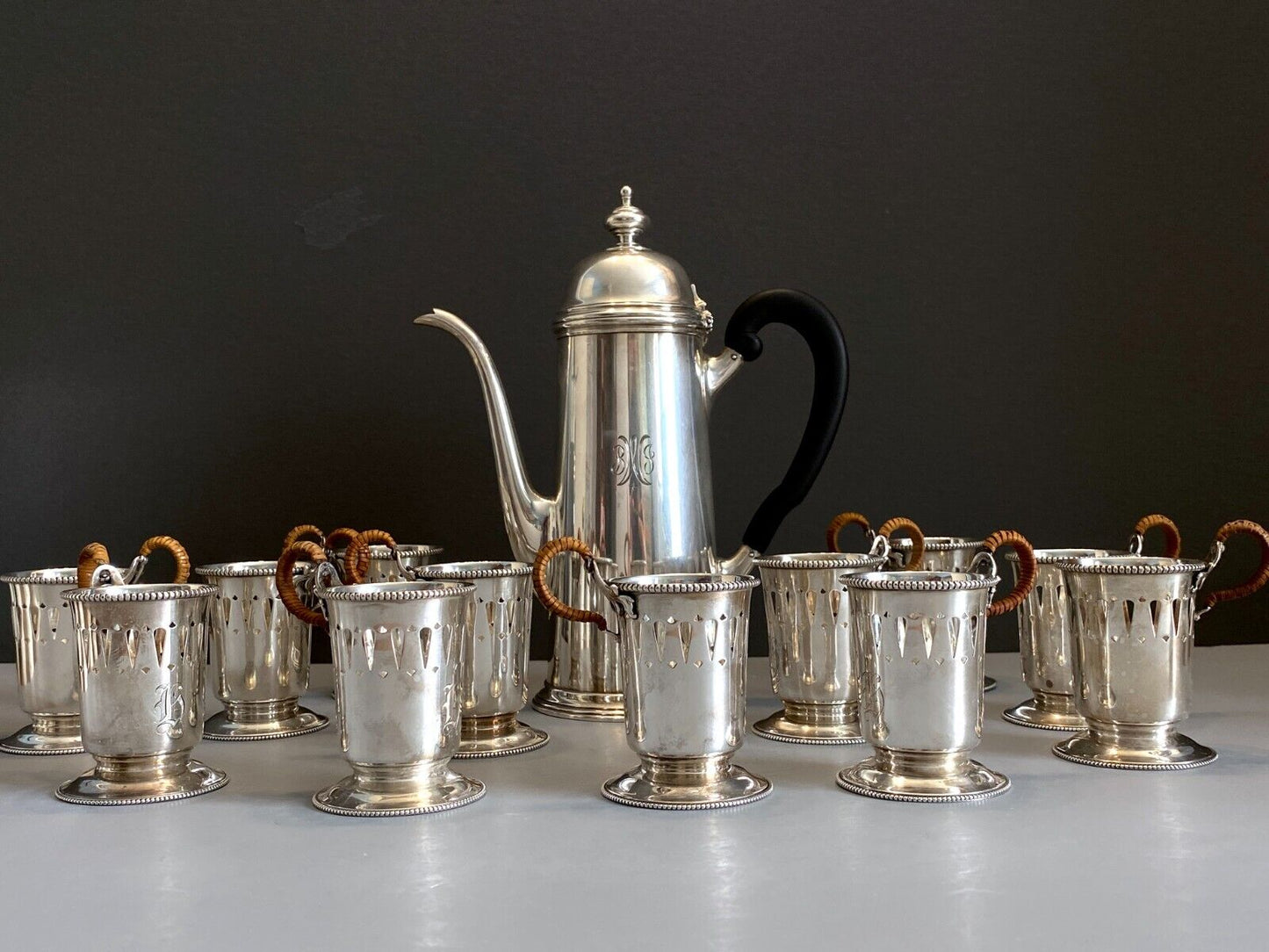 Tiffany Co. Sterling silver coffee pot,12 x Mauser Mfg. Co sterling cup holders