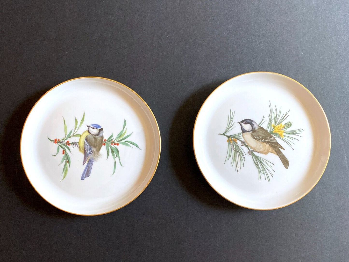 Meissen handpainted birds motif cabinet plates, set of 5, 1st choice, gold rim