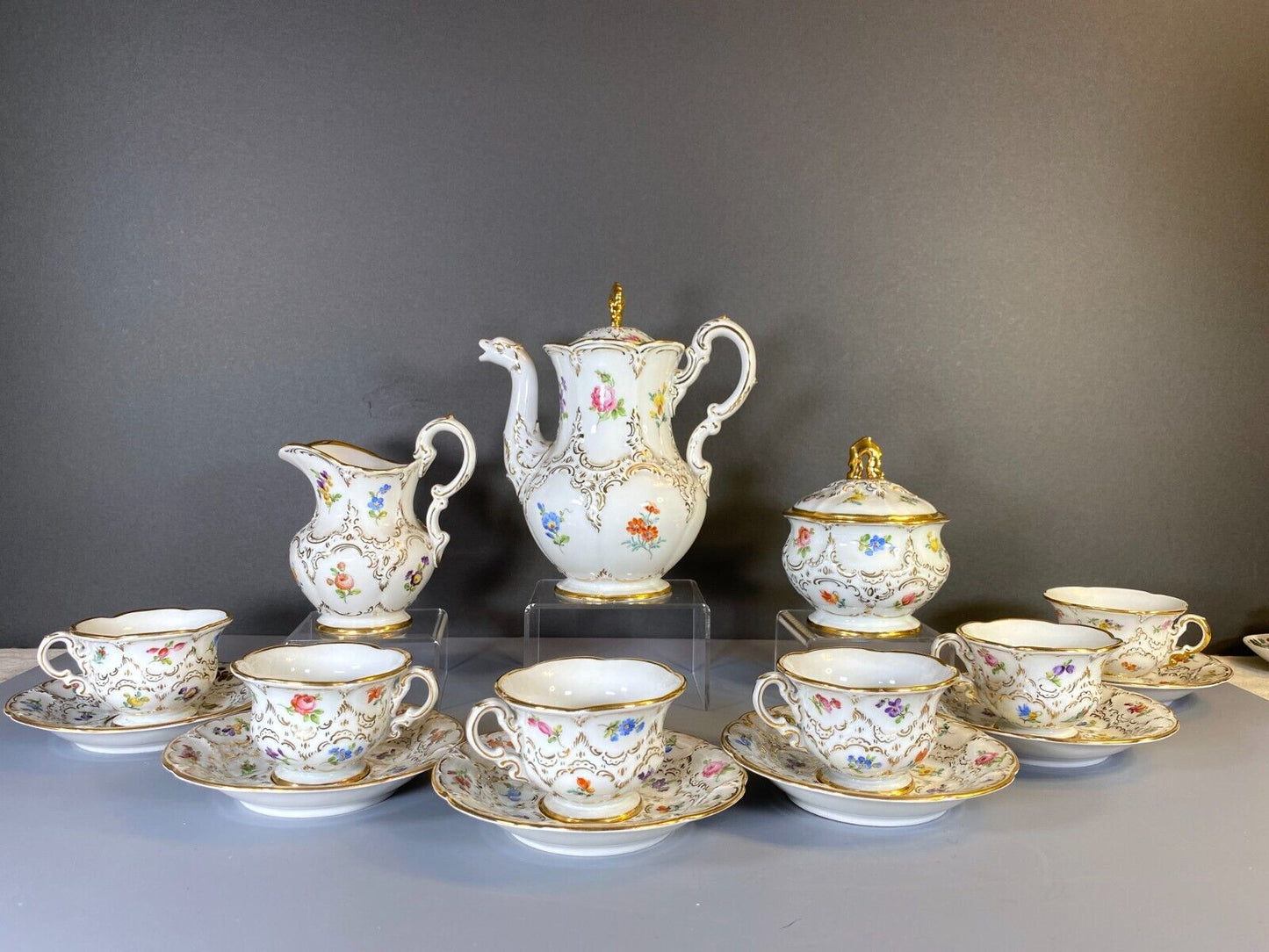 Meissen B shape coffee set for 6, scattered and 24k gold encrusted,1st quality