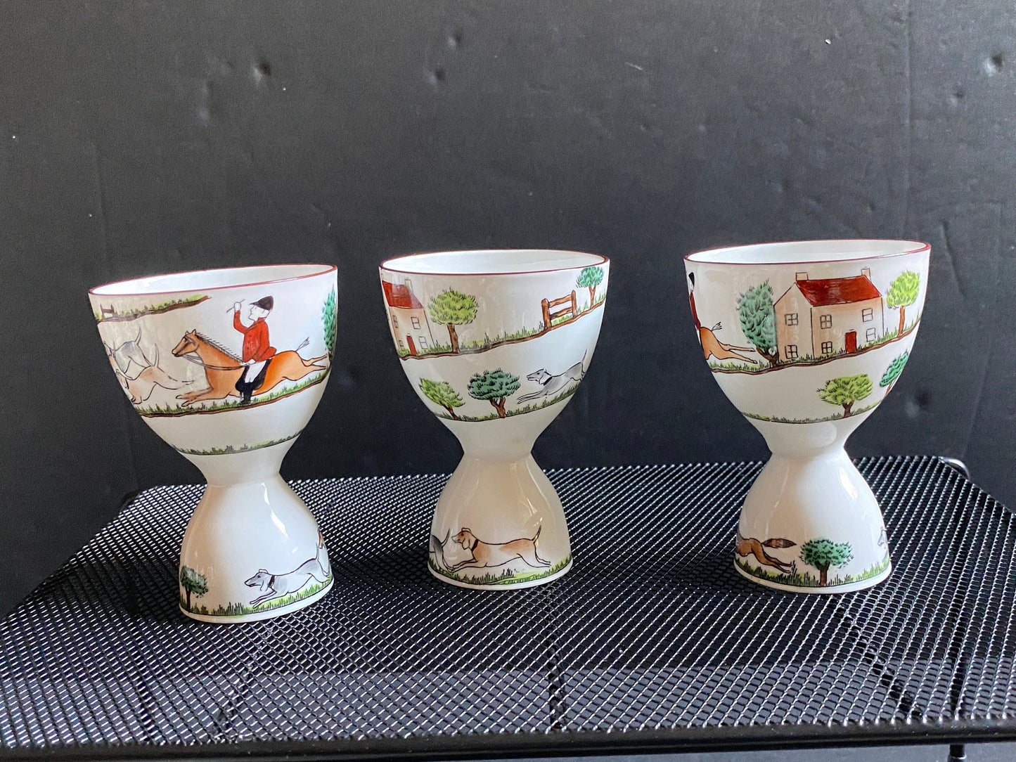 Three Crown Staffordshire "Hunting Scene" double egg cups, 3 3/4 inches High, fox hunting, bone china, made in England