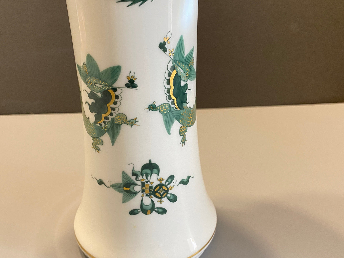 Meissen Reicher Court dragon flute vase, 10 inches high, green dragon and Phoenix motif , gold accent, made in Germany, 1st choice, mint