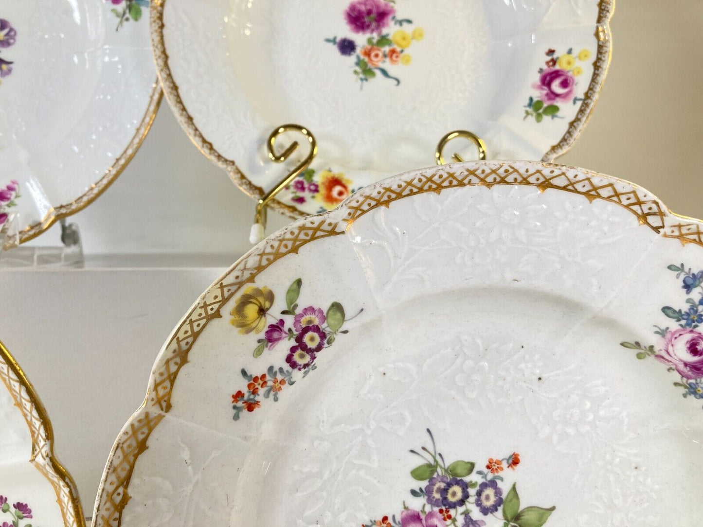 Set of 4 x antique Meissen (1774-1815 ) rimmed bowls, flowers paintings, 1st.