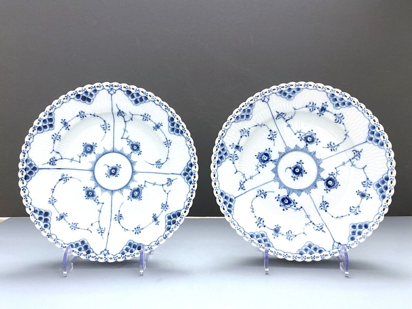 Set of 6 ROYAL COPENHAGEN Blue Fluted "Full Lace" luncheon plates, 9 inches, EXE