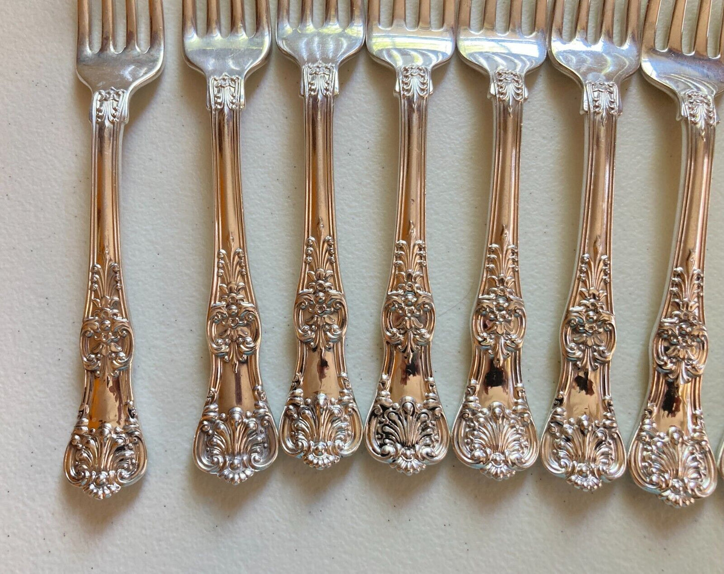 Set 7 Tiffany English King Sterling Silver luncheon Forks 6 7/8 Inches, no mono