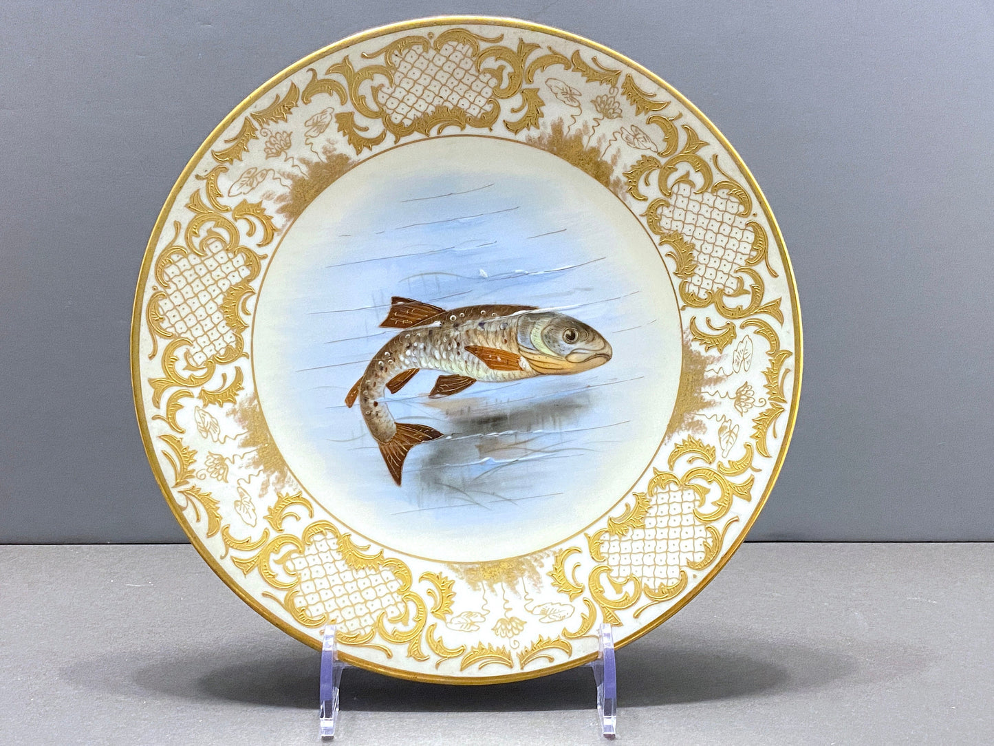 Rare!Antique Limoges Imperial Vienna for Ovington Brothers New York gold encrusted hand-painted fish Plates, set of 6, ca. 1900s, Gorgeous!