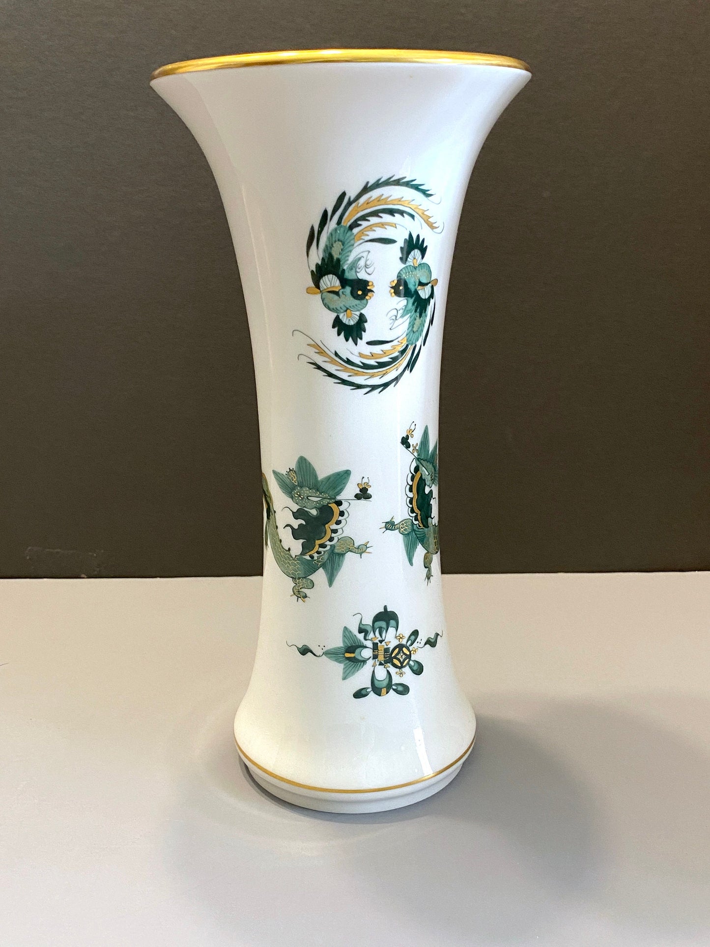 Meissen Reicher Court dragon flute vase, 10 inches high, green dragon and Phoenix motif , gold accent, made in Germany, 1st choice, mint