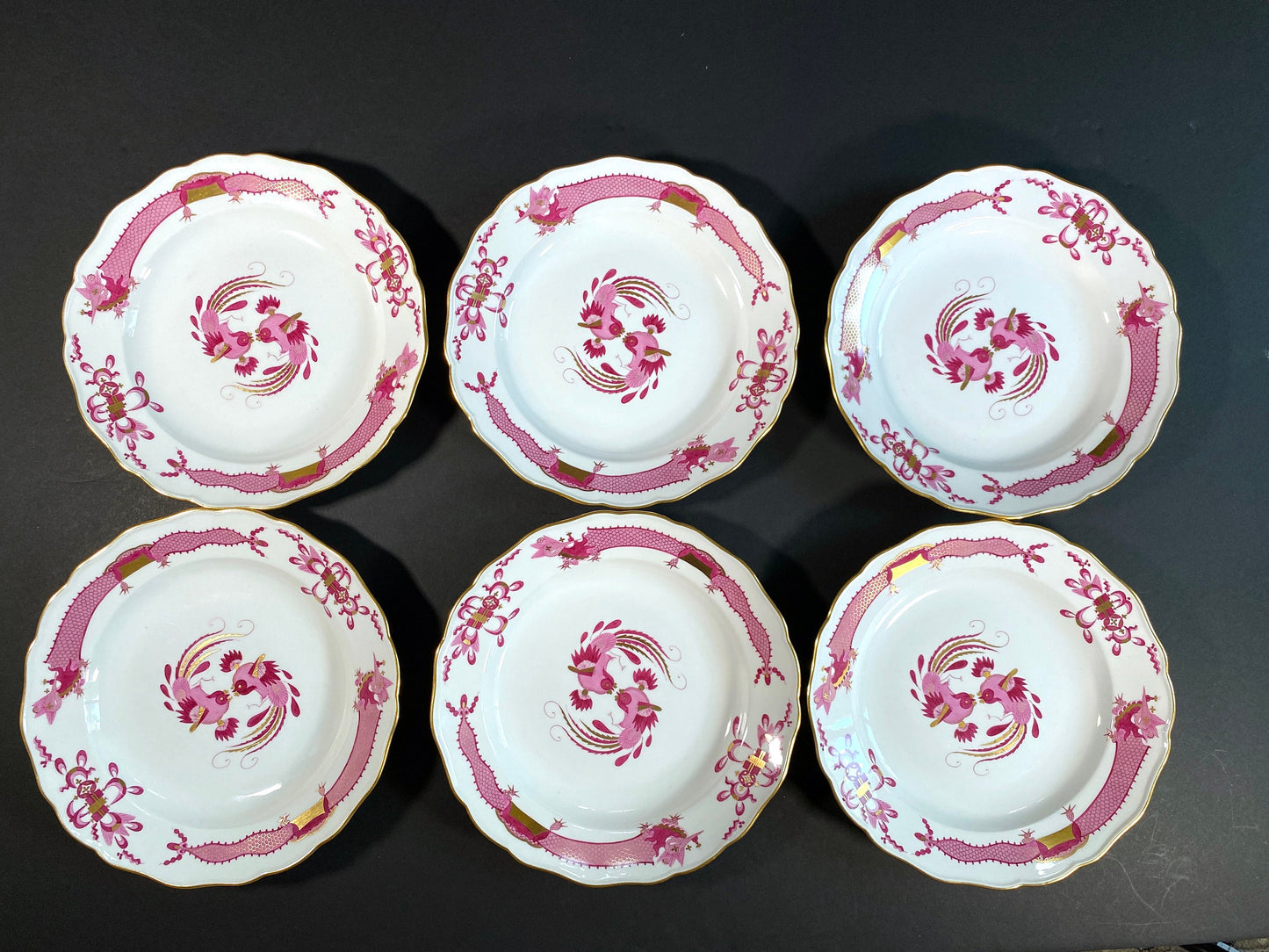 set of 6 Meissen Rich Court dragon (purple) & Phoenix birds dinner plates , gold, 1st quality, excellent!