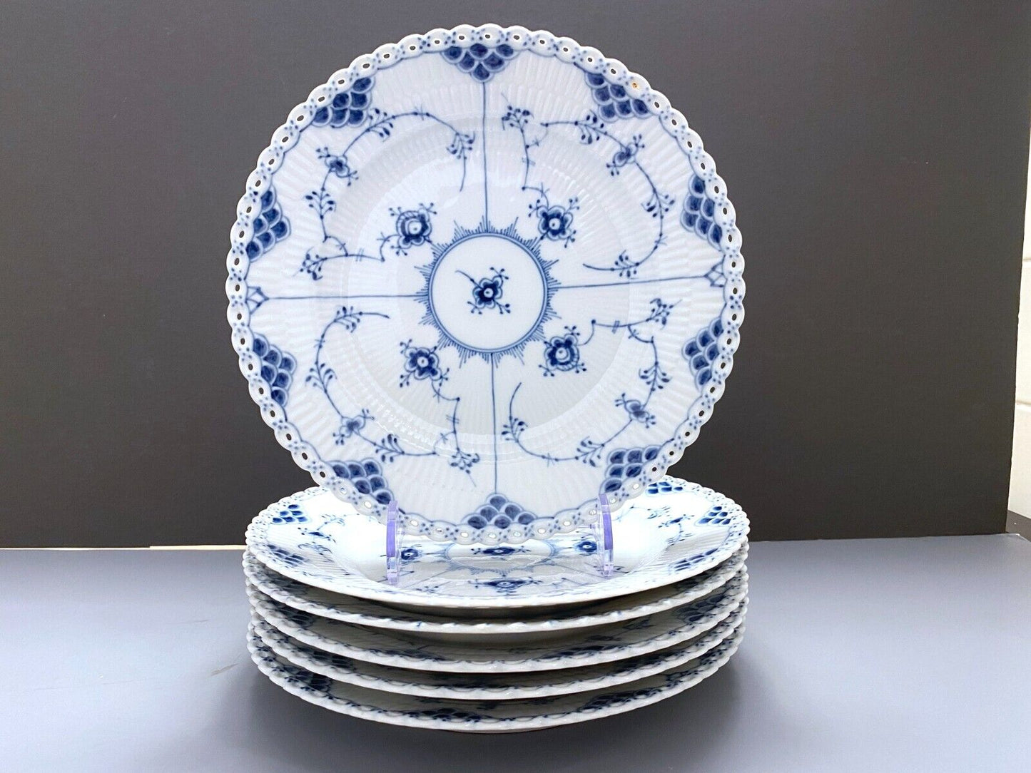 Set of 6 ROYAL COPENHAGEN Blue Fluted "Full Lace" luncheon plates, 9 inches, EXE