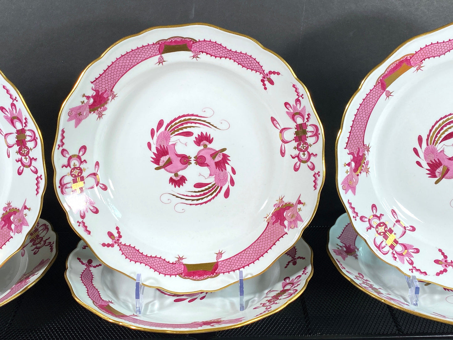 set of 6 Meissen Rich Court dragon (purple) & Phoenix birds dinner plates , gold, 1st quality, excellent!