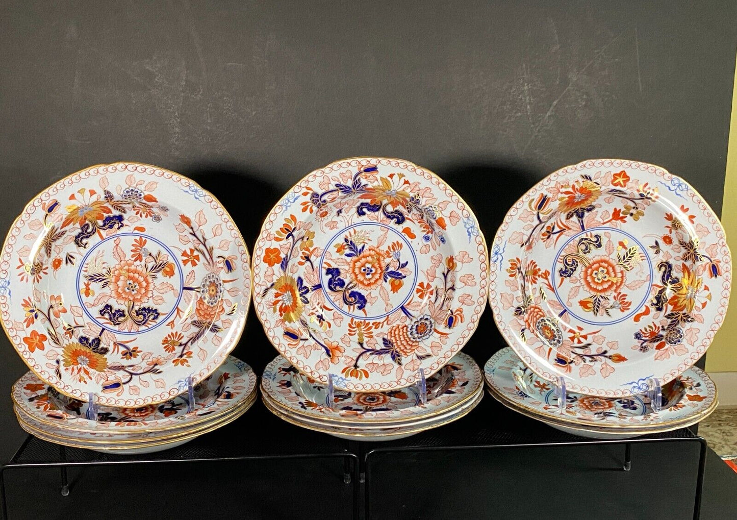 Ca. 1880 Copeland Imari style rimmed soup bowls, set of 11, gold encrusted.rare